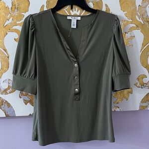 White House Black Market Size Medium Olive Green Puff Sleeve Silver Button Top